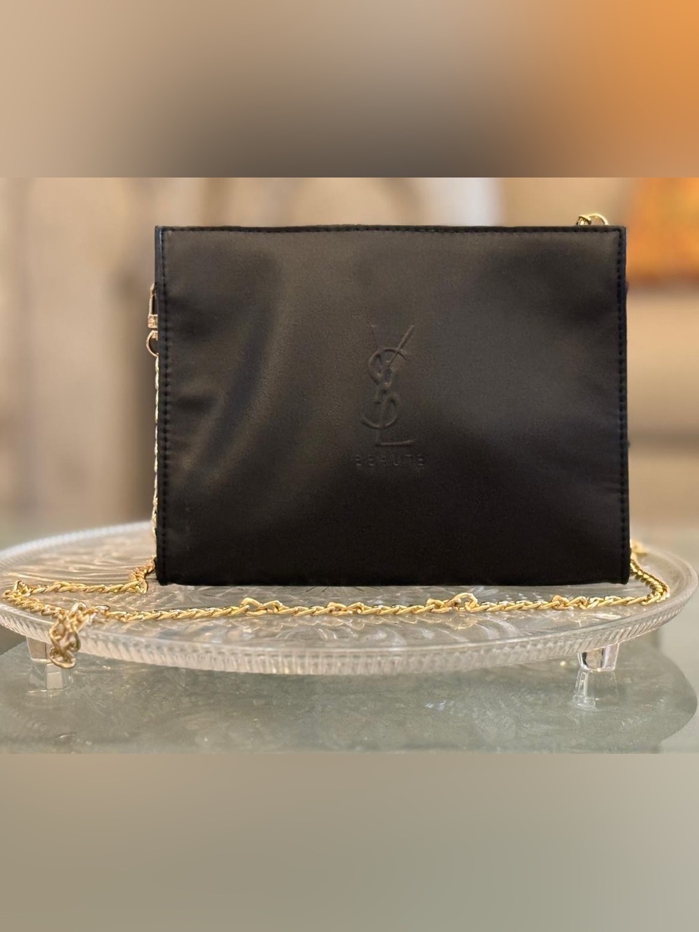 Saint Laurent Beaute Black Leather Trousseau Bag Chain with stunning Gold Strap
